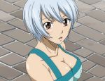  1girl blush breasts brown_eyes cleavage fairy_tail female highres large_breasts screencap short_hair silver_hair solo stitched surprised white_hair yukino_aguria 