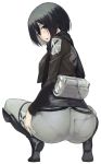  1girl ass black_eyes black_hair blush boots cropped_jacket denim female full_body highres huge_ass jacket jeans looking_back mikasa_ackerman namaniku_atk open_clothes open_jacket open_mouth pants pantylines shadow shingeki_no_kyojin short_hair simple_background solo squatting 