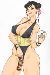  1girl alternate_costume black_eyes black_hair bottle bracelet breasts capcom china_dress chinese_clothes chun-li cleavage double_bun dress earrings erect_nipples eyeshadow female jewelry kyura_(kyura9een) legs leotard licking_lips makeup short_hair solo street_fighter thick_thighs thighs tongue tongue_out 