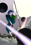  blue_hair cave_story doukutsu_monogatari earrings eei energy_beam flying highres jewelry misery moon nail_polish pale_skin red_eyes scythe solo 