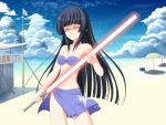  bikini black_hair closed_eyes energy_sword game_cg lightsaber long_hair sarong sora_wo_tobu_mittsu_no_houhou suzushiro_akari swimsuit sword weapon 