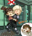  blush brown_hair carrying emma_emmerich glasses hal_emmerich insect metal_gear_solid metal_gear_solid_2 ponytail princess_carry raiden red-framed_glasses smile 