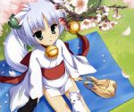  bag bell blue_hair blurry cat cherry_blossoms child depth_of_field flower from_above green_eyes grocery_bag highres japanese_clothes muririn petals rindou_ruri shopping_bag short_hair sitting tail tenshinranman 