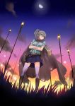  belt blonde_hair blue_eyes boots cape crossed_arms frills from_below from_ground grass knee_boots lamppost long_hair miniskirt moon night night_sky original outdoors pleated_skirt ponytail skirt sky solo standing star_(sky) starry_sky sunset thigh-highs thighhighs yuugen zettai_ryouiki 