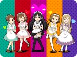  akiyama_mio alternate_costume apron black_eyes black_hair blonde_hair bow brown_eyes brown_hair closed_eyes enmaided garters hair_bow hairband heart heart_hands hirasawa_ui hirasawa_yui k-on! kotobuki_tsumugi long_hair maid maid_headdress moe_moe_kyun! multiple_girls short_hair sumii_(fumiki7) tainaka_ritsu thigh-highs thighhighs zettai_ryouiki 