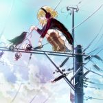  bird blonde_hair blue_eyes boots ein_(artist) ein_(long_cake) headphones kneeling miniskirt on_top_of_pole original pleated_skirt power_lines raven raven_(animal) raven_(bird) short_hair sketch skirt sky solo telephone_pole 