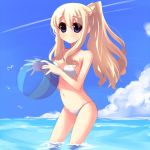  1girl ball beachball bikini blonde_hair blue_eyes k-on! kotobuki_tsumugi long_hair lowleg lowleg_bikini ponytail shin_(new) solo string_bikini swimsuit wading water 
