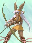  :o archer_(ffta) arrow ass blue_eyes blush boots bow bow_(weapon) bunny_ears dark_skin earrings final_fantasy final_fantasy_tactics_a2 final_fantasy_tactics_advance from_behind gloves jewelry long_hair looking_back midriff miniskirt quiver rabbit_ears ribbon sankuma silver_hair skirt solo standing viera weapon white_hair 