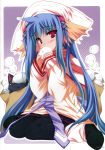  animal_ears blue_hair cat eating highres long_hair moekibara_fumitake nursery_rhyme pantyhose red_eyes shikishima_krile solo 