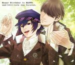  bad_id birthday blue_eyes blue_hair cabbie_hat closed_eyes couple grey_hair hand_holding happy hat holding_hand holding_hands kazuki_(kazu-king) kazuki_(pixiv300776) narukami_yuu persona persona_4 reverse_trap school_uniform seta_souji shirogane_naoto short_hair smile 