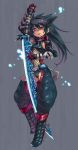  black_hair capcom hairband highres long_hair long_sword monster_hunter nada_haruka nargacuga_(armor) naruga nodachi red_eyes sword weapon 