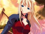  artist_request blonde_hair blue_eyes character_request choker jacket outside sky smile source_request sunset tree 