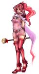  adult bad_id blue_eyes blush cape dress earrings final_fantasy final_fantasy_iv final_fantasy_iv_the_after jewelry long_hair open_mouth pink_hair ponytail porom see-through simple_background solo staff thigh-highs thighhighs whyt zettai_ryouiki 