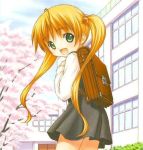  blonde_hair blush character_request green_eyes happy inoh_shin loli long_hair outside sky source_request trees twintails 