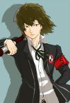  aragaki_shinjirou armband axe bad_id brown_hair jagaimo male persona persona_3 school_uniform solo weapon 