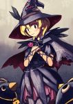  blonde_hair blue_eyes blush cape deathsmiles earrings feathers flower hat highres hirosato jewelry penguin rose sakura_(deathsmiles) short_hair skull torn_clothes witch witch_hat 