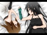  akiyama_mio aoinagi asymmetrical_clothes bare_shoulders bed black_hair brown_eyes don&#039;t_say_lazy don't_say_&quot;lazy&quot; dress gloves hirasawa_yui k-on! long_hair lying multiple_girls on_back single_glove striped striped_gloves 