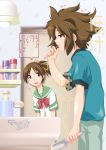  akaho_sakura bad_id bathroom beniho_sakura brown_eyes brown_hair brush brushing_teeth hair_brush hirasawa_ui hirasawa_yui k-on! messy_hair multiple_girls school_uniform serafuku short_hair siblings sisters toothbrush translated translation_request 