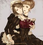  beatrice blonde_hair breast_grab breasts brown_hair choker dress hat maid multiple_girls numeri_(gunfra) numeri_(pixiv) ribbon shannon umineko_no_naku_koro_ni yuri 