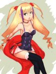  bare_shoulders blonde_hair breasts camisole chair choker cleavage crossed_legs dragonaut dress grey_eyes humio jacqueline_baumgold jpeg_artifacts long_hair multicolored_hair sitting thigh-highs thighhighs twintails two-tone_hair zettai_ryouiki 