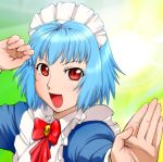  blue_hair dorae_tachibana_doryayev fighting_stance foreshortening hands maid red_eyes short_hair solo tsumanuda_fight_town ueyama_michirou 