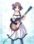  brown_hair don&#039;t_say_lazy don't_say_&quot;lazy&quot; dress elbow_gloves fingerless_gloves gloves guitar hirasawa_yui instrument k-on! pantyhose short_hair solo vertical-striped_legwear vertical_stripes yakka 