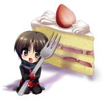  brown_eyes brown_hair cake chibi food fork little_busters! little_busters!! miniboy naoe_riki oversized_object pastry school_uniform short_hair 
