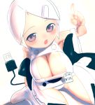  breasts cleavage electric_plug electric_socket hair_ornament hairclip large_breasts original pink_eyes pointing rondo_bell short_hair sitting white_hair 