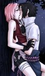  1boy 1girl against_wall anna_kokoro_(anko) couple haruno_sakura kiss naruto uchiha_sasuke 