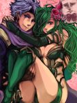  adult bad_id breasts bridal_gauntlets carrying cleavage couple detached_sleeves edward_geraldine female final_fantasy final_fantasy_iv final_fantasy_iv_the_after green_eyes green_hair hair_ornament hair_over_one_eye hug long_hair male princess_carry rydia scar thighs whyt 