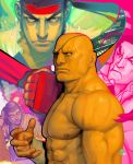  commentary eyepatch fingerless_gloves gammon gloves headband hibiki_dan male muscle no_pupils ryu ryuu_(street_fighter) sagat shirtless statue street_fighter 