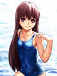  brown_hair long_hair nyamota nyamota_(noraneko_koubou) one-piece_swimsuit original red_eyes school_swimsuit swimsuit water 