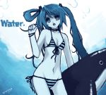  blue blush dolphin flat_chest front-tie_top hatsune_miku inflatable_dolphin long_hair lowleg lowleg_bikini miyamae_porin monochrome side-tie_bikini spot_color string_bikini striped striped_bikini striped_swimsuit swimsuit twintails vocaloid 