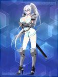  1girl armor blue_eyes breasts cleavage gauntlets greaves large_breasts ponytail silver_hair source_request sword warrior weapon 