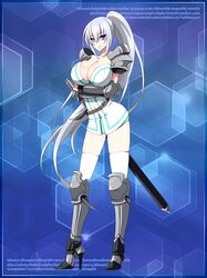  1girl armor blue_eyes breasts cleavage gauntlets greaves large_breasts ponytail silver_hair source_request sword warrior weapon 