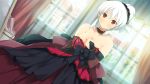  1girl bare_shoulders blush breasts cleavage curtains dress elbow_gloves evenicle female game_cg gloves hair_bun hair_up large_breasts looking_at_viewer mirror ramius red_eyes solo standing white_hair window yaegashi_nan 