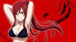  1girl armpits arms_behind_head arms_up bikini bikini_top black_bikini black_eyes blush breasts cleavage erza_scarlet fairy_tail female highres large_breasts long_hair looking_at_viewer ponytail red_background redhead sexy simple_background smile solo swimsuit wallpaper 