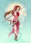  1girl adapted_costume aerith_gainsborough bare_shoulders bow brown_hair final_fantasy final_fantasy_vii flower hair_flower hair_ornament long_braid lowenael solo staff steampunk very_long_hair 