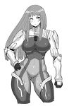  00s 1girl bangs blunt_bangs bodysuit breasts curvy female hand_on_hip ken_marinaris large_breasts long_hair monochrome pilot_suit simple_background solo standing synecdoche white_background wide_hips zone_of_the_enders zone_of_the_enders_2 