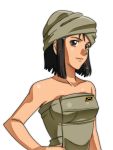  1girl arm bare_shoulders black_hair brown_eyes collarbone female gundam gundam_lost_war_chronicles hair_ornament hairclip hand_on_hip lips looking_at_viewer mochi_mame naked_towel neck shiny shiny_skin short_hair simple_background smile solo towel towel_on_head upper_body white_background yuki_nakasato 