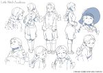  1girl absurdres bow braid character_sheet expressions hair_bow hat highres jasmineka_antonenko little_witch_academia little_witch_academia_2 long_hair multiple_views open_mouth plump skirt standing sweater_vest traditional_media trigger_(company) twin_braids violet_eyes witch witch_hat 
