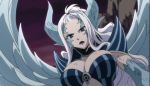  1girl blue_eyes breasts cleavage crack demon demon_girl demon_tail dragon fairy_tail female highres horns large_breasts lips lipstick long_hair makeup midriff mirajane_strauss pointy_ears red_lipstick ribbon scales scarf screencap silver_hair solo stitched tail white_hair wings 