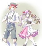  1boy 1girl alternate_costume alternate_hairstyle bare_shoulders beer_mug dirndl dress german_clothes hair_over_one_eye hat iesupa lederhosen multicolored_hair neo_(rwby) orange_hair roman_torchwick rwby twintails 