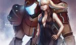  1girl blonde_hair breasts cleavage ecchi_pantsu gun hand_on_hip metroid mole nintendo ponytail power_armor samus_aran varia_suit weapon 