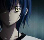  1girl blue_hair high_school_dxd serious solo standing stitched xenovia_(high_school_dxd) yellow_eyes 