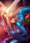  1girl ass bed blonde_hair blue_eyes bodysuit breast_press breasts dutch_angle female gun high_ponytail large_breasts looking_at_viewer lying metroid neon_trim nintendo on_stomach pillow ponytail reiq samus_aran smile solo weapon window zero_suit 