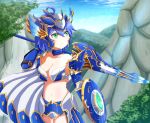  armor bikini_armor blue_hair cape green_eyes lance mylifekei polearm shield valkyrie weapon 