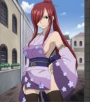  1girl breasts brown_eyes dress erza_scarlet fairy_tail female hair_over_one_eye highres japanese_clothes kimono large_breasts long_hair ponytail redhead sideboob solo standing 