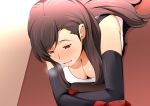  1girl black_hair blush breasts cleavage elbow_gloves female final_fantasy final_fantasy_vii gloves gureko_rouman highres large_breasts long_hair looking_away lying on_stomach open_mouth red_eyes solo suspenders sweat tank_top tears tifa_lockhart 