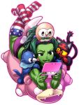  1girl :q american_flag_legwear ass chiba_toshirou crossover green_eyes green_hair hairband handheld_game_console legs_up litten lying marvel muscle nintendo_3ds on_stomach pokemon popplio print_legwear rowlet she-hulk simple_background slowpoke striped striped_legwear stuffed_animal stuffed_toy thigh-highs tongue tongue_out white_background younger 